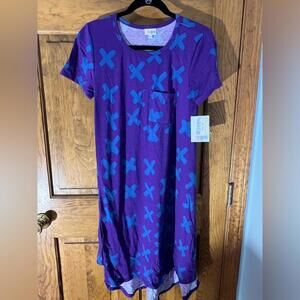 LuLaRoe Carly Dress Swing High Low Purple Blue X’S Pocket T Shirt Flowy XS NWT